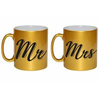 Gouden Mrs en MR cadeau mokken / bekers set voor koppels 330 ml   - - thumbnail