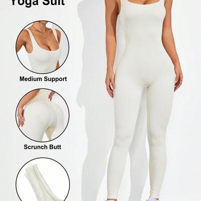 Seamless Yoga Jumpsuit - High Waist Scoop Neck Unitard in Black Beige / S