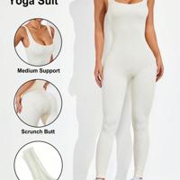 Seamless Yoga Jumpsuit - High Waist Scoop Neck Unitard in Black Beige / S