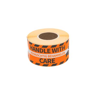 Etiket rillprint handle with care oranje