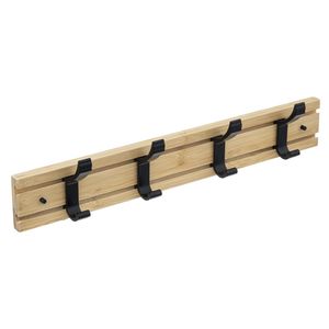 Kapstok rek voor wand/muur - lichtbruin/zwart - 4x schuifbare ophanghaken - Bamboe/ijzer - 40 x 8 cm