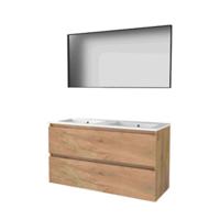 Basic-Line Framed 46 Badkamermeubelset - 120 x 46 cm - Greeploos - 2 Lades - Keramische Wastafel - 2 Kraangaten - Spiegel met Zwart Aluminium Frame - Whisky Oak