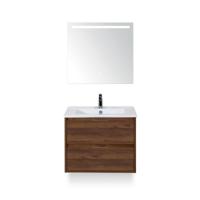 Porto Badmeubelset 70 cm - Walnoot - Keramische Wastafel Wit Slim - met Sence Spiegel