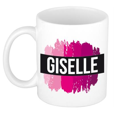 Giselle naam cadeau koffie mok - beker - met roze verfstrepen - Cadeau collega - moederdag