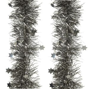 2x stuks lametta kerstslingers met sterretjes antraciet (warm grey) 270 x 10 cm