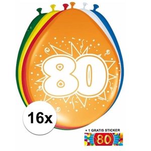 Versiering 80 jaar ballonnen 30 cm 16x + sticker