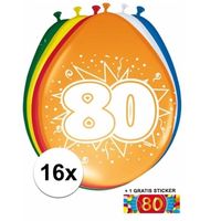 Versiering 80 jaar ballonnen 30 cm 16x + sticker - thumbnail