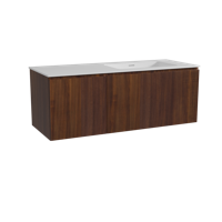 Storke Ribs zwevend badmeubel 130 x 52 cm notenhout met Mata asymmetrisch rechtse wastafel in solid surface mat wit, Verticale symmetrische rechte ribbel