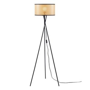 Staande Lamp Op Driepoot Van Zwart Metaal - Pvc Cannage Lampenkap Met Zwarte Rand - Diam. 34 X H 140 Cm