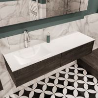 Mondiaz Lush Cloud badmeubel eiken donker bruin 150 cm 2 lades solid surface enkele spoelbak links 1 kraangat