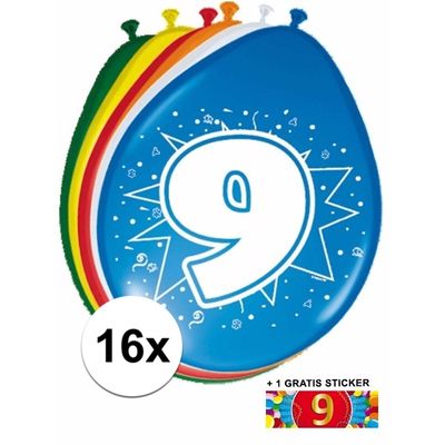 Versiering 9 jaar ballonnen 30 cm 16x + sticker