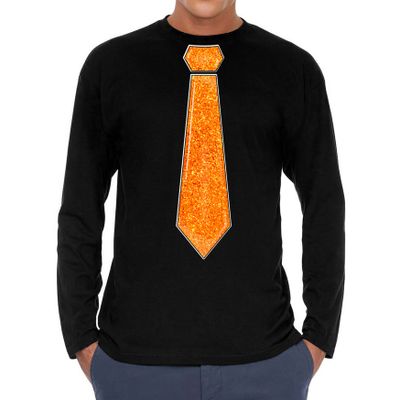 Verkleed shirt voor heren - stropdas glitter oranje - zwart - carnaval - foute party - longsleeve