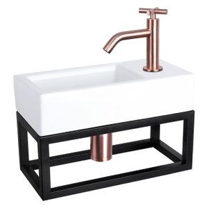 Differnz Ravo fonteinset - 38.5x18.5x25cm - Rechthoek - 1 kraangat - Gebogen koperen kraan - met zwart frame - kruisgreep - Keramiek Wit 38.401.89
