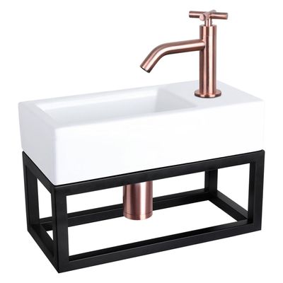 Differnz Ravo fonteinset - 38.5x18.5x25cm - Rechthoek - 1 kraangat - Gebogen koperen kraan - met zwart frame - kruisgreep - Keramiek Wit 38.401.89