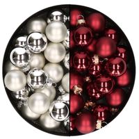 Mini kerstballen - 48x st - zilver en donkerrood - 2,5 cm - glas