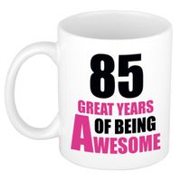 85 great years of being awesome cadeau mok / beker wit en roze