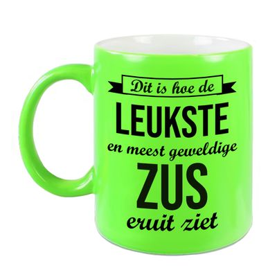 Leukste en meest geweldige zus cadeau koffiemok / theebeker neon groen 330 ml