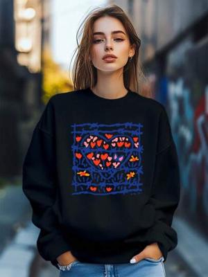 Bon&Bon Women's Heart Print Sweatshirt | Loose Fit Crew Neck Pullover Black / M