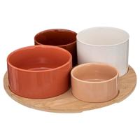5Five Serveerplank bamboe - met 4x luxe schaaltjes - D33 cm - tapas en saus schaaltjes