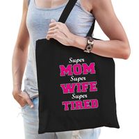 Super mom wife tired Katoenen moeder cadeau tasje zwart voor dames - Feest Boodschappentassen - thumbnail
