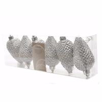 Kersthangers dennenappels - 6x st - zilver - glitter - 8 cm - kunststof - kerstversiering