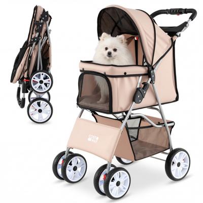 Opvouwbare Huisdierenwagen met Ademend Gaas Waterdichte Bekleding Terreinbanden Lichte Reisbuggy voor Katten met Bekerhouder en Opbergmand voor Kleine Honden en Katten tot 15 kg-Beige