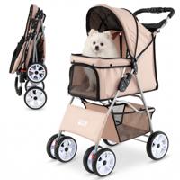 Opvouwbare Huisdierenwagen met Ademend Gaas Waterdichte Bekleding Terreinbanden Lichte Reisbuggy voor Katten met Bekerhouder en Opbergmand voor Kleine Honden en Katten tot 15 kg-Beige
