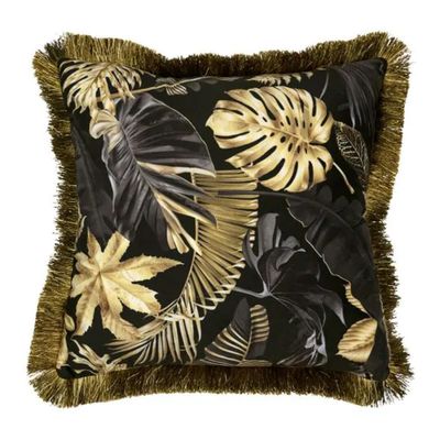 Kussen fluweel gouden franjes Monstera