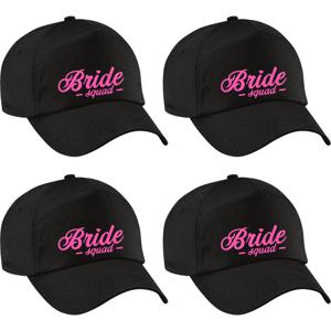 Vrijgezellenfeest pet voor dames - 4x - Bride Squad - zwart - roze glitters - bruiloft/trouwen