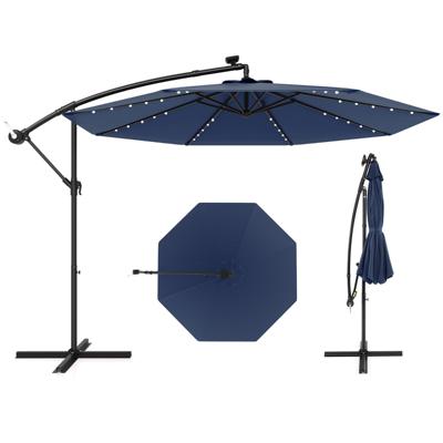 300 cm Grote Verplaatsbare Parasol met 40 Lampen & Zonnepanelen Marktparasol Verlichte Vrijstaande Parasol voor Tuin Grijs/Donkerblauw