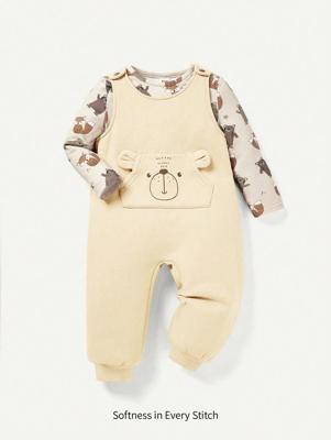 Bon&Bon 2pcs Baby Boy Cute Bear Print Round Neck Top And Bib Pants Set Beige / 2-3Y