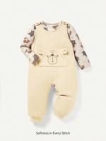 Bon&Bon 2pcs Baby Boy Cute Bear Print Round Neck Top And Bib Pants Set Beige / 2-3Y