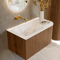 Mondiaz KURVE-DLUX 85 cm Onderkast Greeploos 1 Lade Met Deuren Walnut, Wastafel Solid Surface Links Frappe 0 Kraangaten Zonder Spiegel (KRVCLO85R1L1D0KL-Wal/Fra)