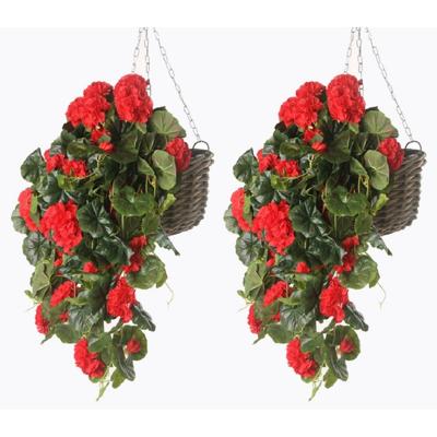 Rode geranium kunstplant - 2x - hangplant - 70 cm - Kunstplanten/nepplanten