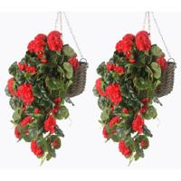 Rode geranium kunstplant - 2x - hangplant - 70 cm - Kunstplanten/nepplanten