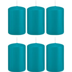 6x Turquoise blauwe cilinderkaarsen/stompkaarsen 5 x 8 cm 18 branduren