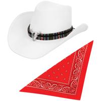 Carnaval verkleedset luxe model cowboyhoed Rodeo - wit - en rode hals zakdoek - voor volwassen