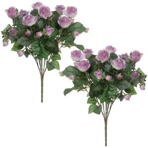 Kunstbloemen boeket rozen - 2x stuks - lila paars - H50 cm - Bloemstuk - Bladgroen