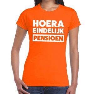 Hoera eindelijk pensioen t-shirt oranje dames