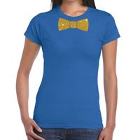 Blauw fun t-shirt met vlinderdas in glitter goud dames