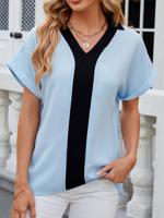 V Neck Casual Color Block Loose Shirt