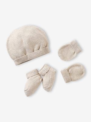 Babypakje muts, wanten en sloffen en zijn personaliseerbare zak. gemêleerd beige