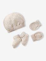 Babypakje muts, wanten en sloffen en zijn personaliseerbare zak. gemêleerd beige