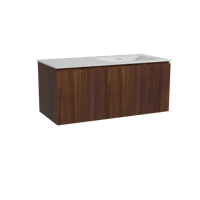 Storke Ribs zwevend badmeubel 110 x 52 cm notenhout met Mata asymmetrisch rechtse wastafel in solid surface mat wit, Verticale symmetrische rechte ribbel