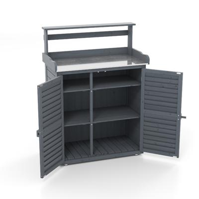 Houten Tuinkast Buitenkast met Metalen Werkblad 3 Haken Verwijderbare Planken Louvredeuren Oppottafel Buitenopbergmeubel Grijs