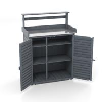 Houten Tuinkast Buitenkast met Metalen Werkblad 3 Haken Verwijderbare Planken Louvredeuren Oppottafel Buitenopbergmeubel Grijs