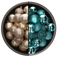 74x stuks kunststof kerstballen mix van champagne en turquoise blauw 6 cm - thumbnail