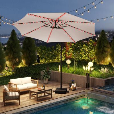 300 cm Parasol met LED-verlichting 9 modi Zweefparasol met Zandzakken & Slinger Verstelbare Hellingshoek Beige