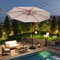 300 cm Parasol met LED-verlichting 9 modi Zweefparasol met Zandzakken & Slinger Verstelbare Hellingshoek Beige