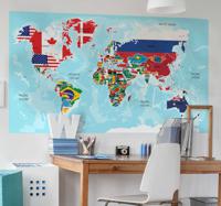 Muursticker wereldkaart met alle vlaggen